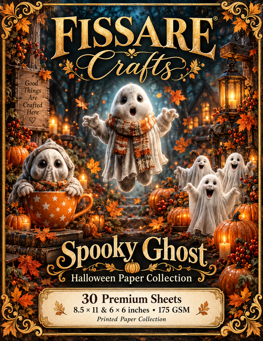 Spooky Ghost by FISSARE Crafts – Halloween scrapbook paper collection with cute ghosts, pumpkins and autumn leaves; 30 sheets, mixed sizes, 175 GSM