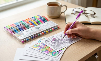 Coloring book with markers, a mug, and glasses on a table
