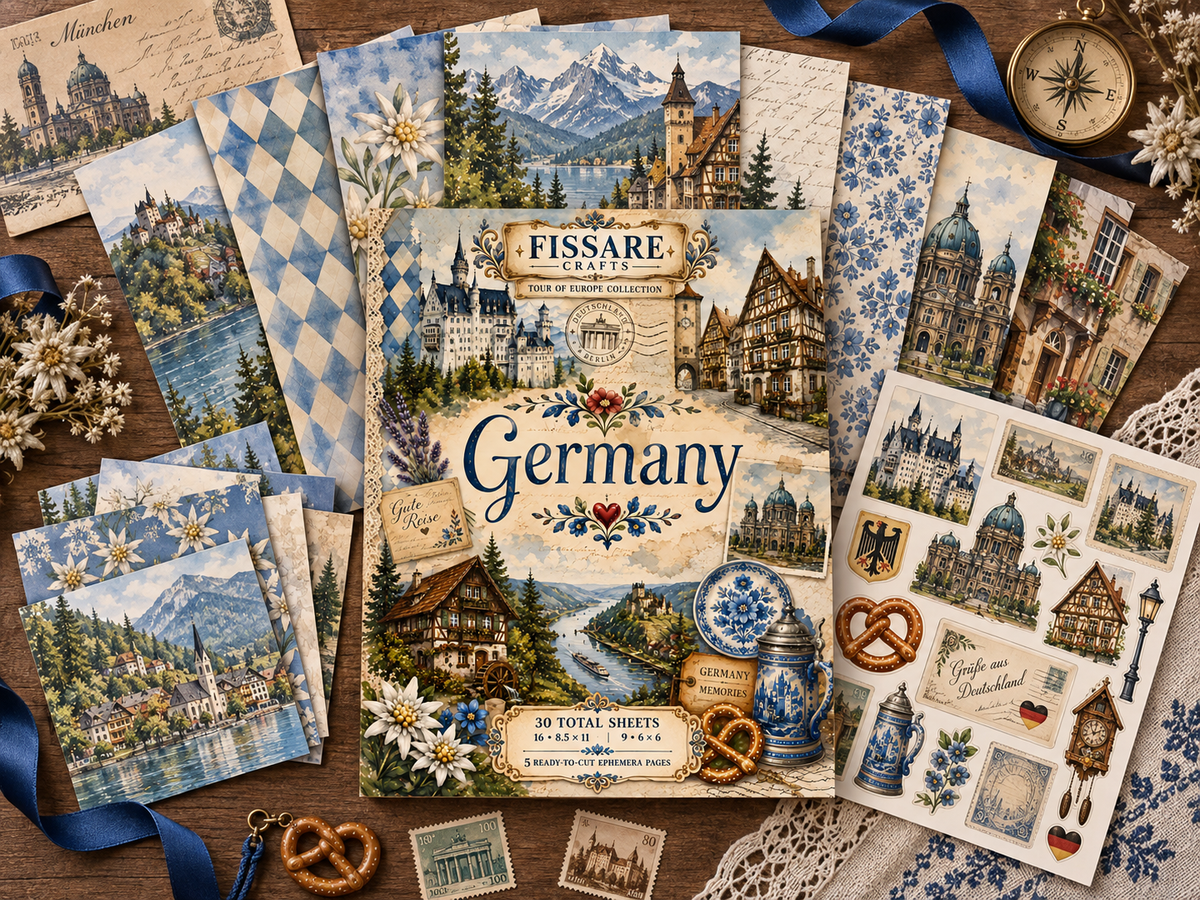 Germany scrapbook paper collection flat lay with 8.5 x 11 sheets, 6 x 6 papers and ephemera