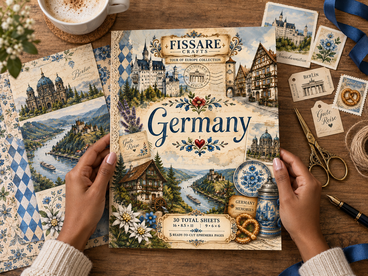Hands crafting a Germany travel journal with vintage scrapbook paper and ephemera