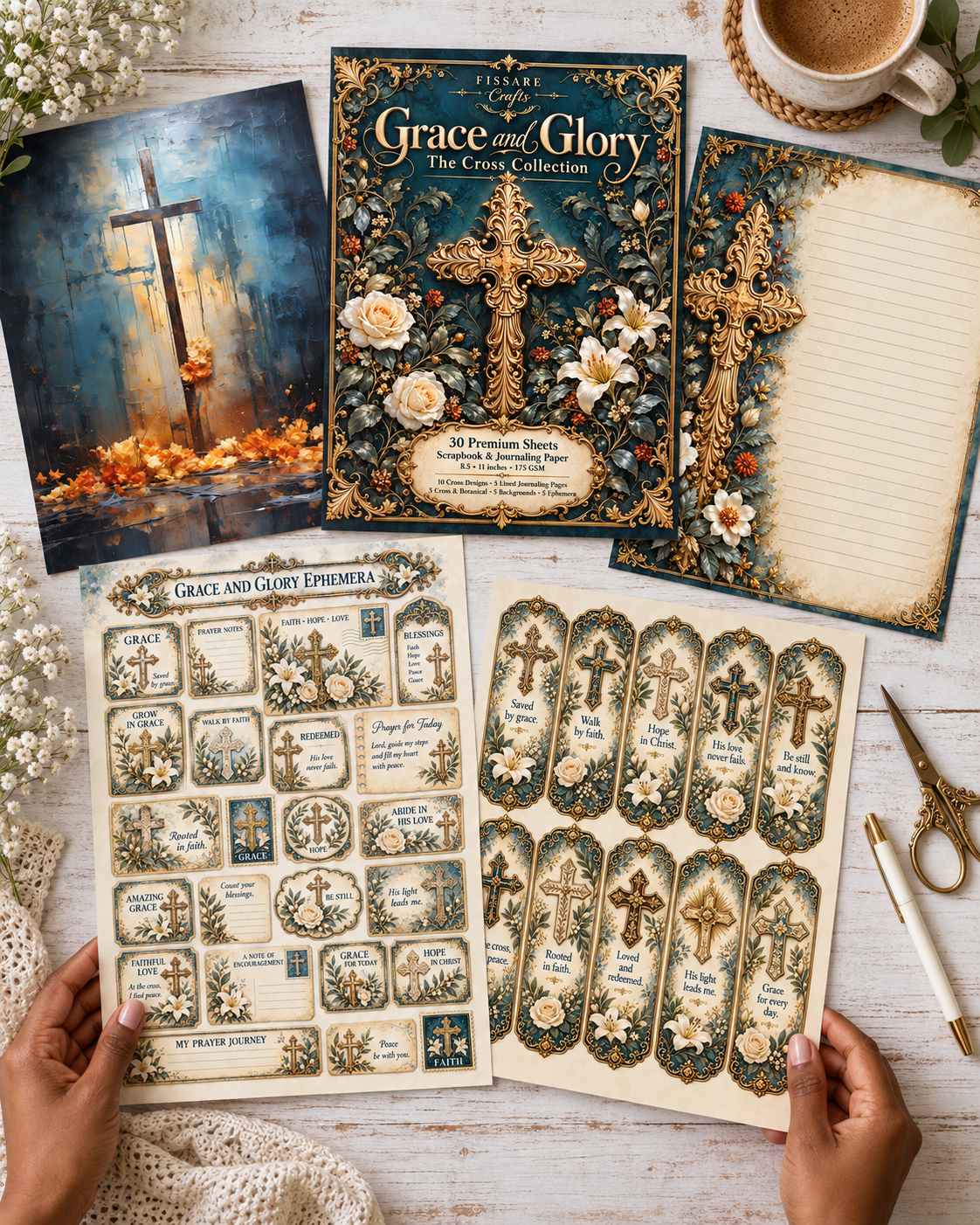 Overhead view of Grace and Glory cover, cross artwork, lined journaling paper and Christian ephemera