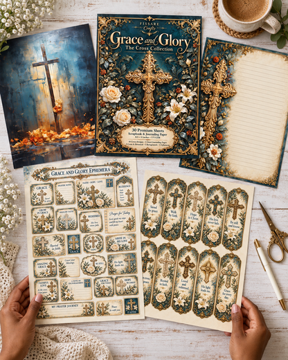 Overhead view of Grace and Glory cover, cross artwork, lined journaling paper and Christian ephemera