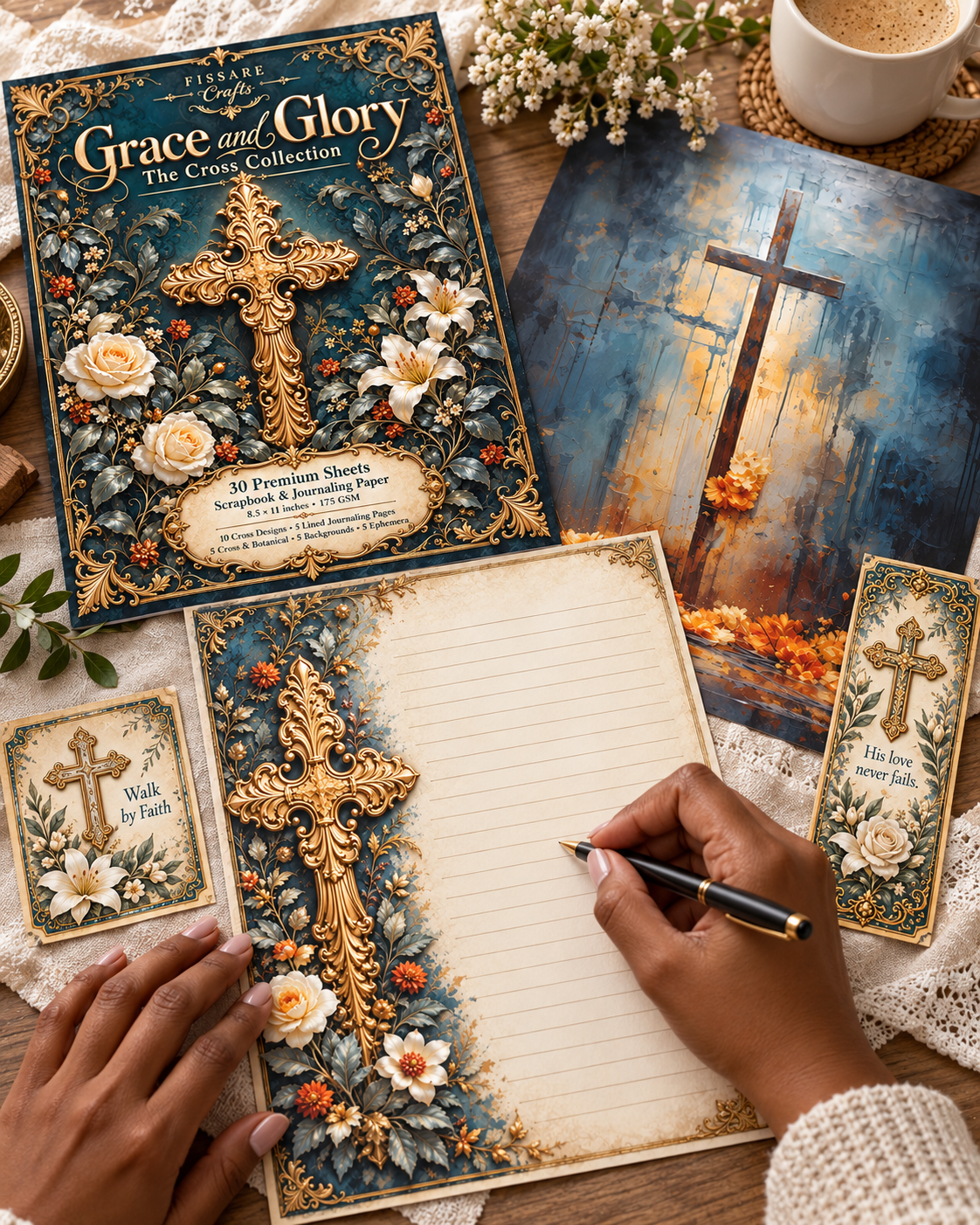 Hands writing on Grace and Glory lined cross journaling paper with coordinating cover and ephemera