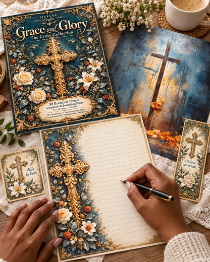 Hands writing on Grace and Glory lined cross journaling paper with coordinating cover and ephemera