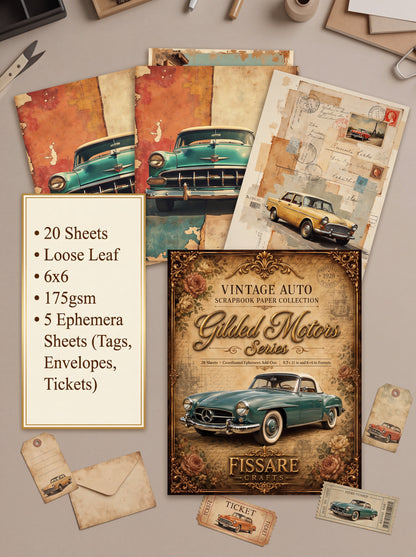 Gilded Motors Vintage Car Scrapbook Paper Set – 20 6x6 Loose Single-Sided Sheets, 175 gsm