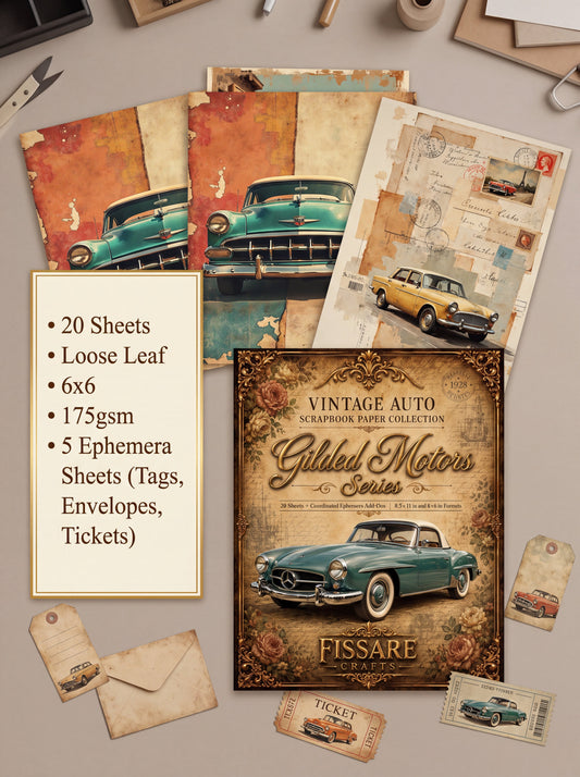 Gilded Motors Vintage Car Scrapbook Paper Set – 30 6x6 Loose Single-Sided Sheets, 175 gsm