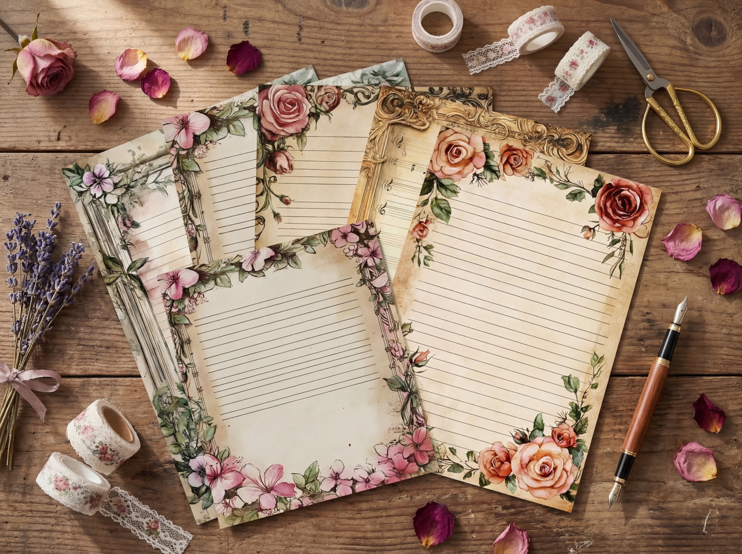 Floral decorated paper sheets on a wooden surface with stationery items.