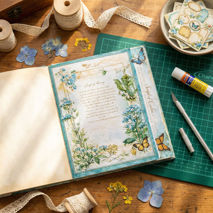 Decorative notebook with floral and butterfly design on a wooden table with crafting supplies.