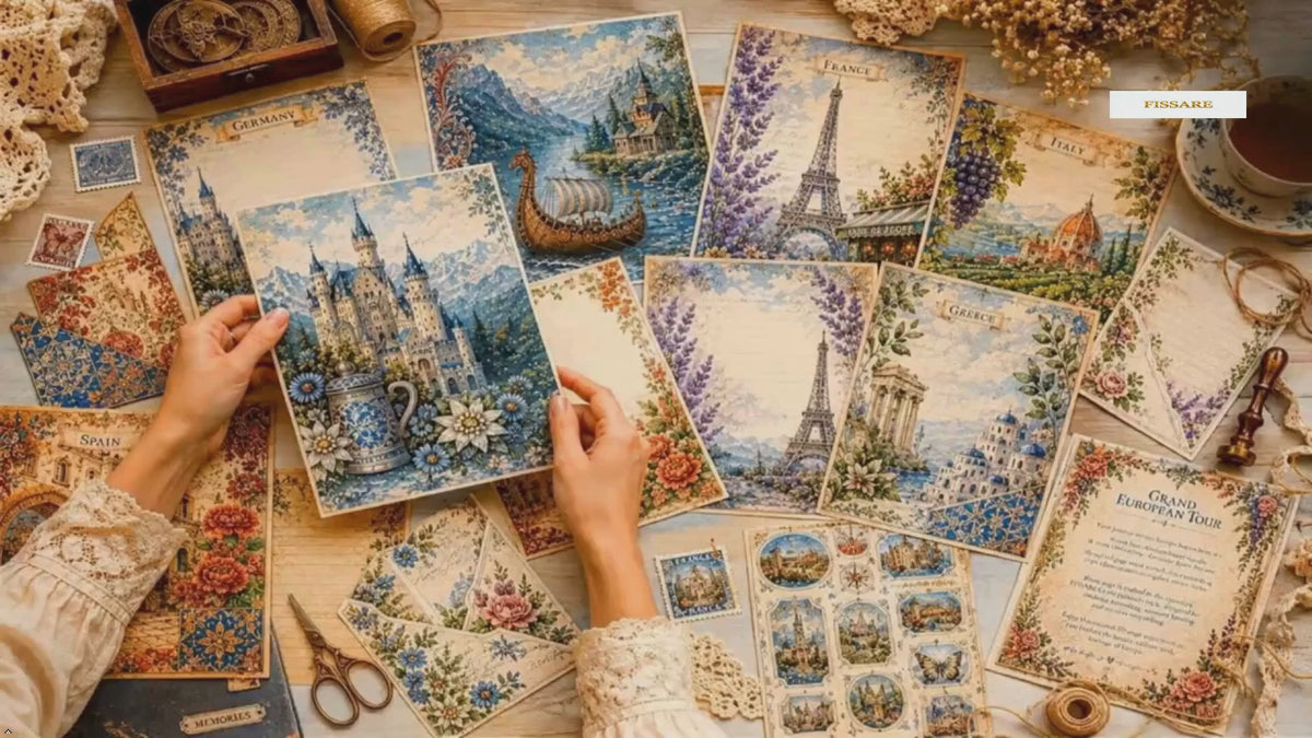 Load video: FISSARE Crafts Grand European Tour Scrapbook Collection with vintage map pages, travel postcards, and crafting scissors