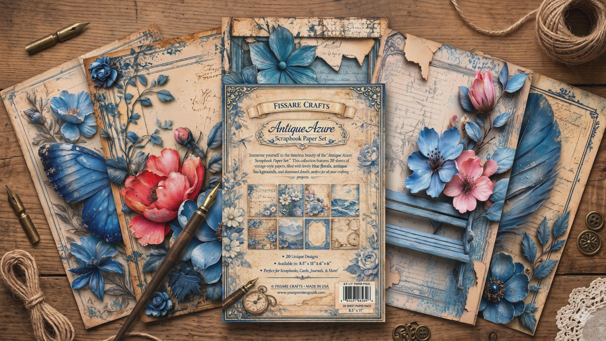 Load video: FISSARE Crafts Antique Azure Scrapbook Paper Set with vintage blue floral pages, twine, and a fountain pen
