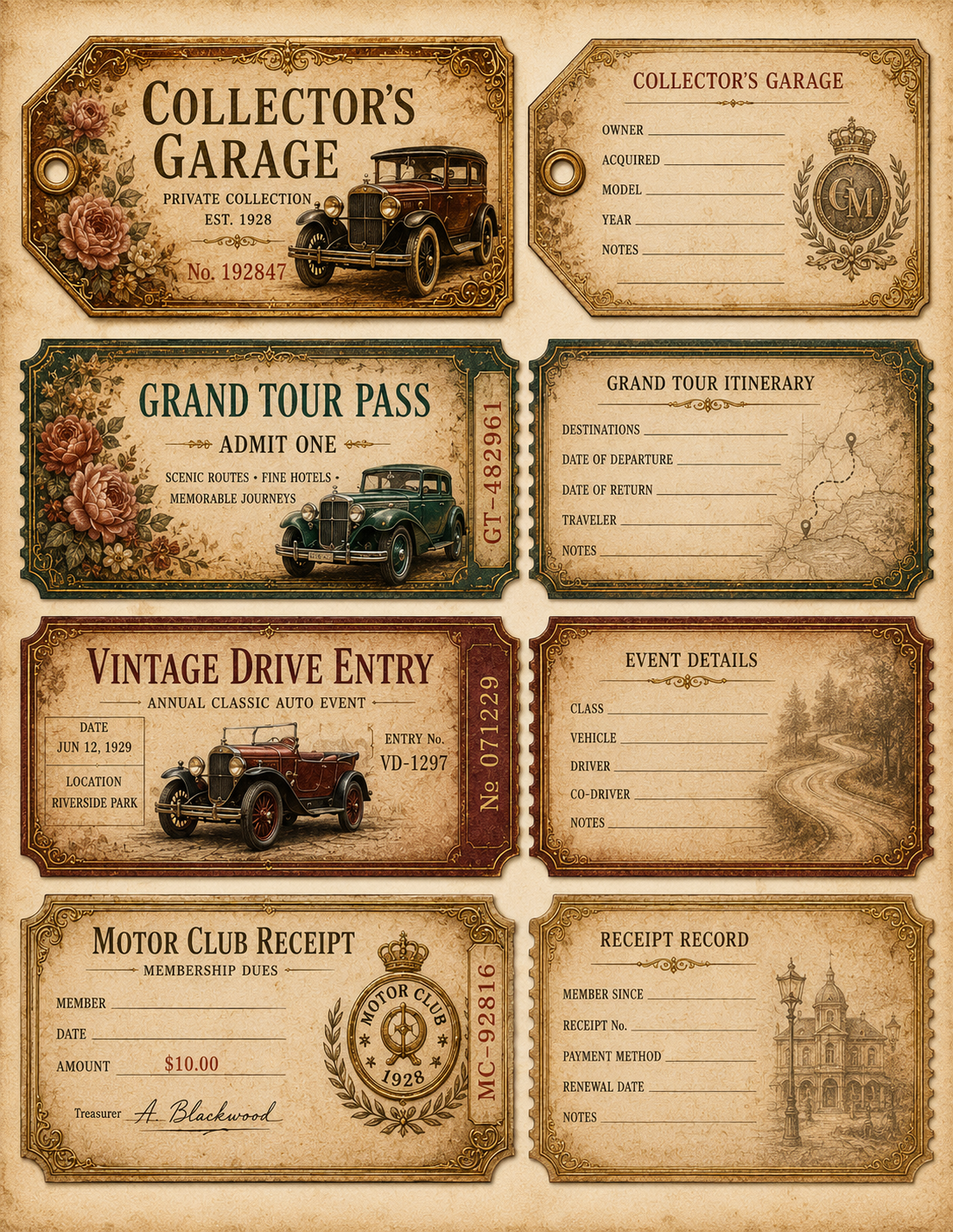 A set of vintage-style collectible ticket and pass designs arranged on a parchment-like background. The designs include Collector's Garage, Grand Tour Pass, Vintage Drive Entry, Motor Club Receipt, and Receipt Record, with illustrated antique cars and ornate decorative borders.