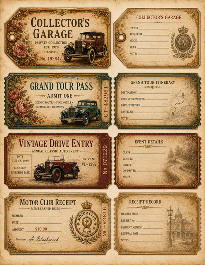 A set of vintage-style collectible ticket and pass designs arranged on a parchment-like background. The designs include Collector's Garage, Grand Tour Pass, Vintage Drive Entry, Motor Club Receipt, and Receipt Record, with illustrated antique cars and ornate decorative borders.