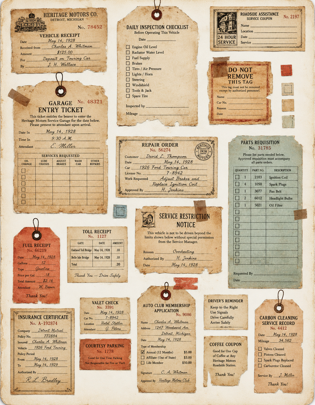 A collage of vintage-style document and receipt cards on a light beige background, including receipts, tickets, inspection forms, repair orders, and service notices in aged paper tones.