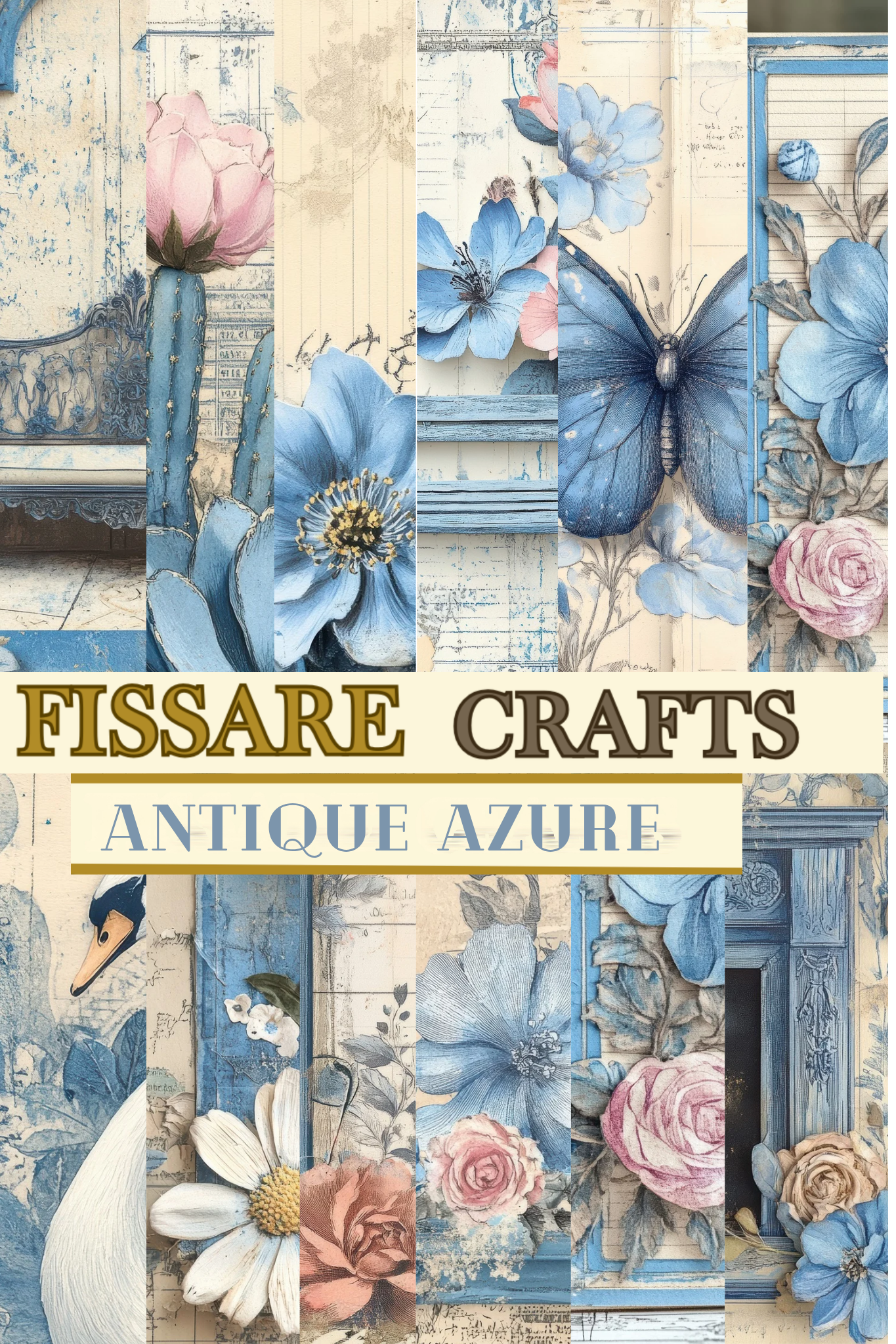 Antique Azure Vintage Botanical Scrapbook Paper Set - 8.5 x 11 Floral & Nature Designs