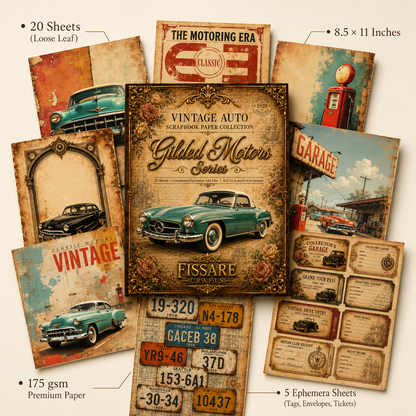 Gilded Motors 8.5 by 11 vintage automobile scrapbook paper specifications