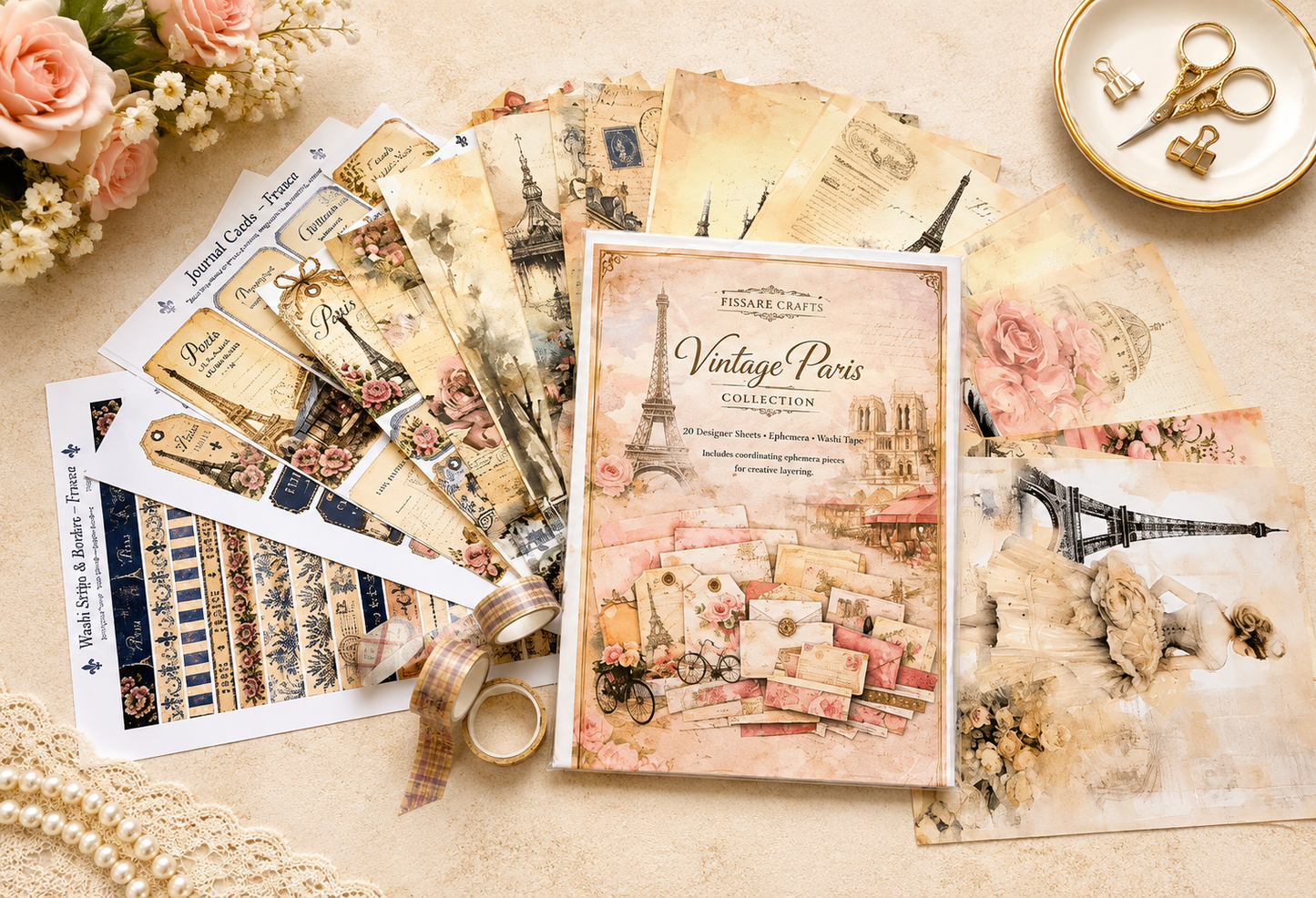 Vintage Paris Collection – 20 8.5x11 Romantic Scrapbook Pages + Coordinating Ephemera (Physical Pack)