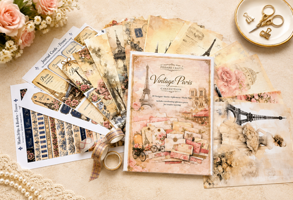 Vintage Paris Collection – 20 8.5x11 Romantic Scrapbook Pages + Coordinating Ephemera (Physical Pack)