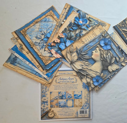 6x6  Antique Azure Scrapbook paper fanned out in a display