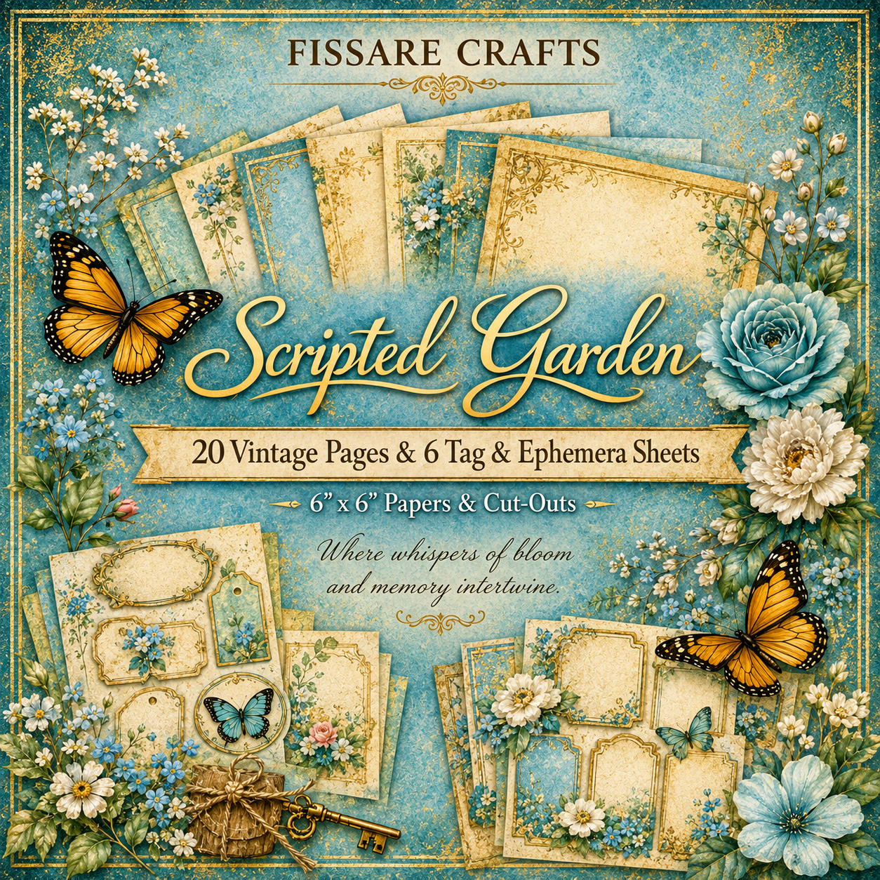 Scripted Garden Scrapbook Paper Set – Vintage Floral & Handwritten Script Decorative Sheets for Journaling, Scrapbooking & Paper Crafts