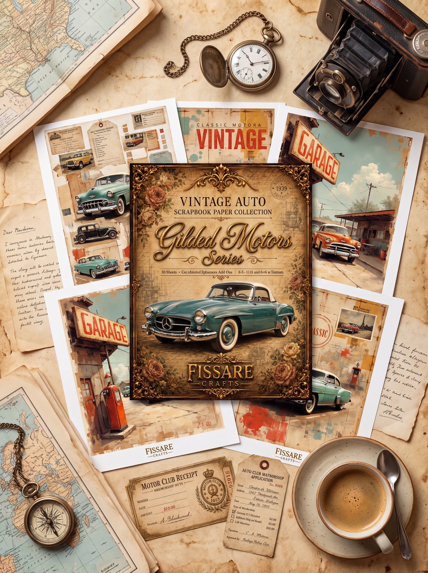 A vintage-style paper collection booklet titled 'Vintage Auto Scrapbook Paper Collection Gilded Motors Series Fissare' is displayed in a styled flat-lay arrangement with old cars, maps, a pocket watch, a camera, and a coffee cup on a parchment-like background.