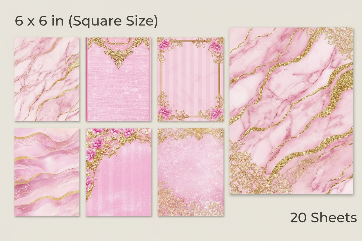 20-Sheet 6x6 Pink and Gold Marble Scrapbooking Kit, Luxury Floral & Filigree Journaling Paper, 6x6 Decorative Craft Paper for DIY Project