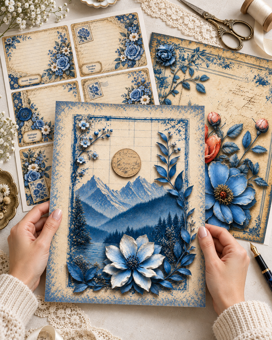 Antique Azure Vintage  Botanical Scrapbooking Bundle | 6x6 & 8.5x11 Papers, Washi Tape & Stickers