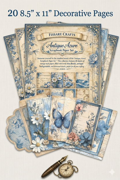 Antique Azure Scrapbook Paper Set – Vintage Blue Floral Decorative Sheets for Junk Journals, Scrapbooking, Card Making & Paper Crafts