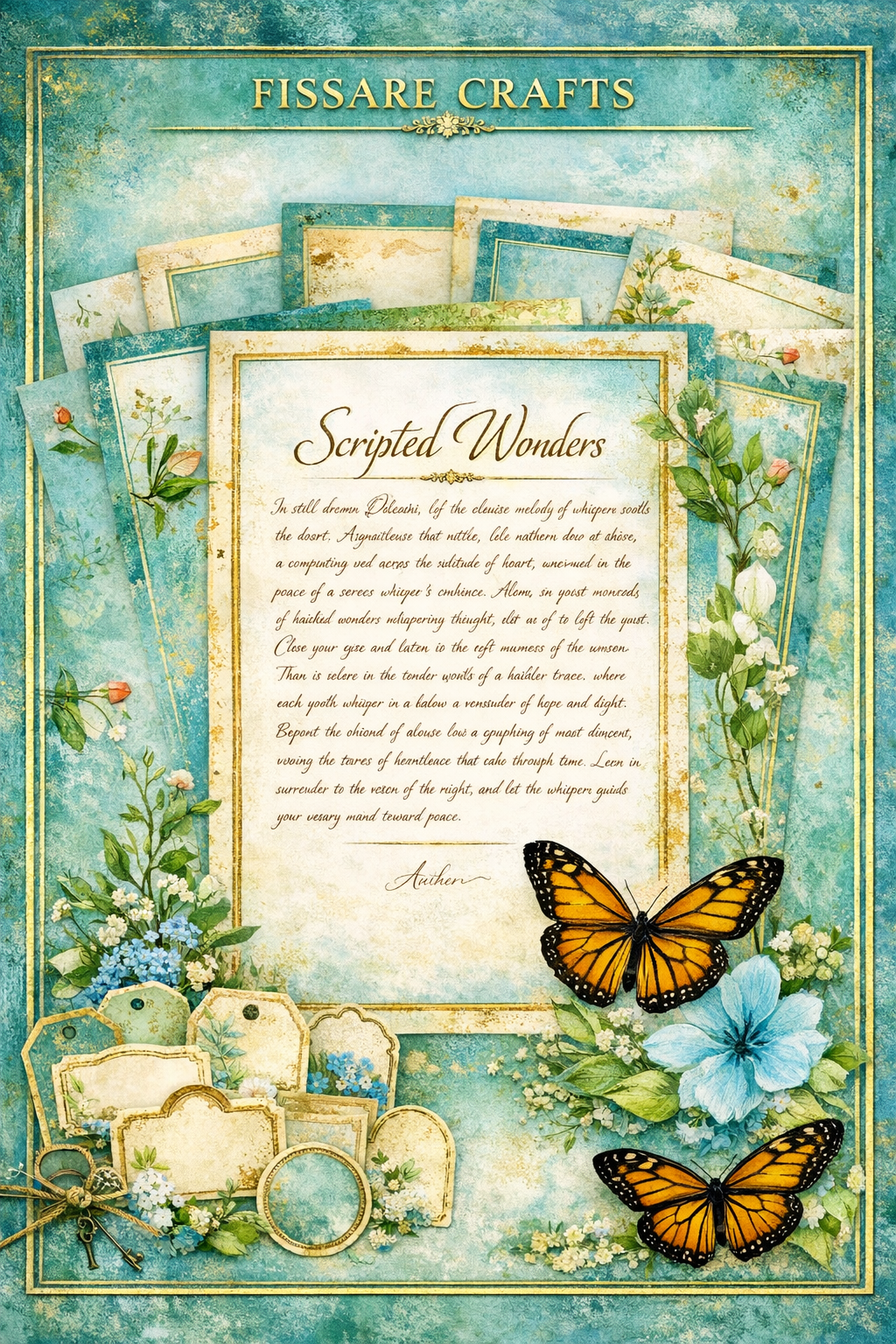 Decorative design with text, butterflies, and flowers by Fissare Crafts