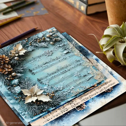 Blue Winter Floral Snowflake Scrapbook Paper