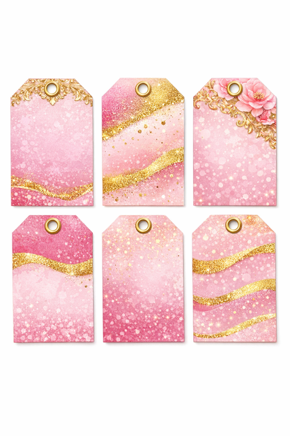 Set of six pink gift tags with gold accents on a white background