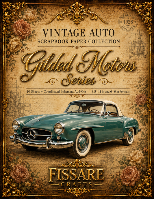 Vintage-style scrapbook paper collection cover art for 'Gilded Motors Series' by Fissare Crafts, featuring a teal convertible car on a distressed tan background with ornate gold borders and floral details.
