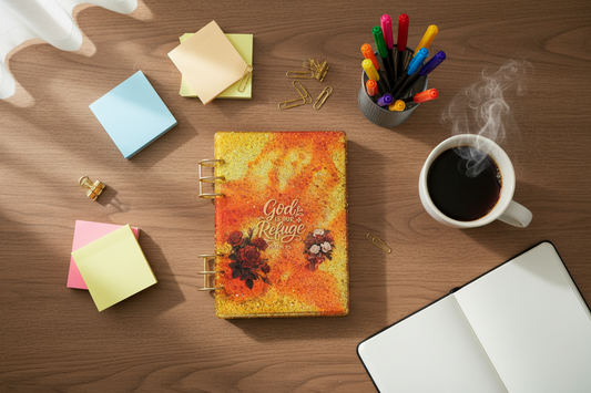 Desk setup with a notebook, coffee cup, and stationery items on a wooden surface
