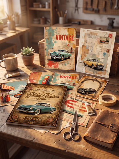 A styled tabletop display of vintage-themed art prints, cards, a notebook, scissors, tape, and a mug in a warm workshop-like setting. The prints feature retro car illustrations and distressed vintage text, arranged on a wooden table with a rustic book and small plants nearby.