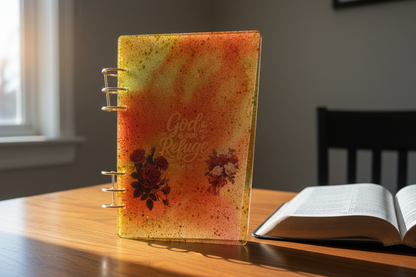 Decorative glass panel with floral design and text held by a person