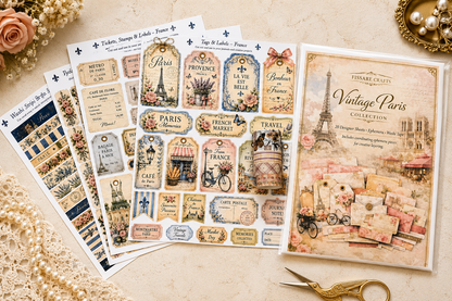 Vintage Paris Collection – 20 8.5x11 Romantic Scrapbook Pages + Coordinating Ephemera (Physical Pack)