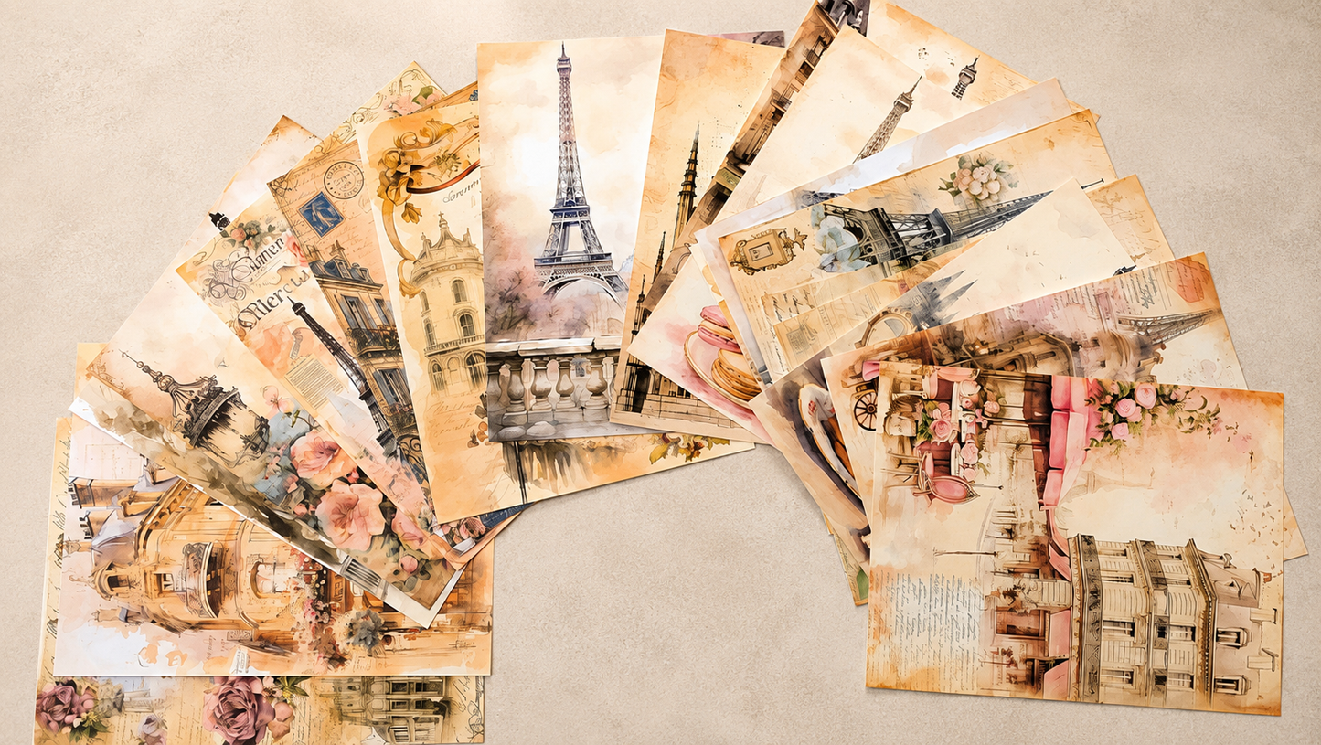 Vintage Paris Collection – 20 8.5x11 Romantic Scrapbook Pages + Coordinating Ephemera (Physical Pack)