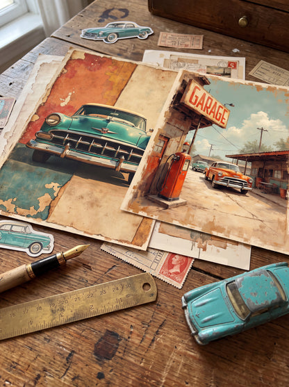 A styled flat-lay of vintage art prints featuring classic cars and a garage scene, arranged on a rustic wooden table with a ruler, fountain pen, and a small toy car.