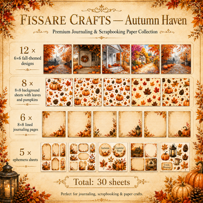 FISSARE CRAFTS Autumn Haven — Fall Scrapbook Paper & Journaling Collection | 30 Sheets | 6×6 & 8×8