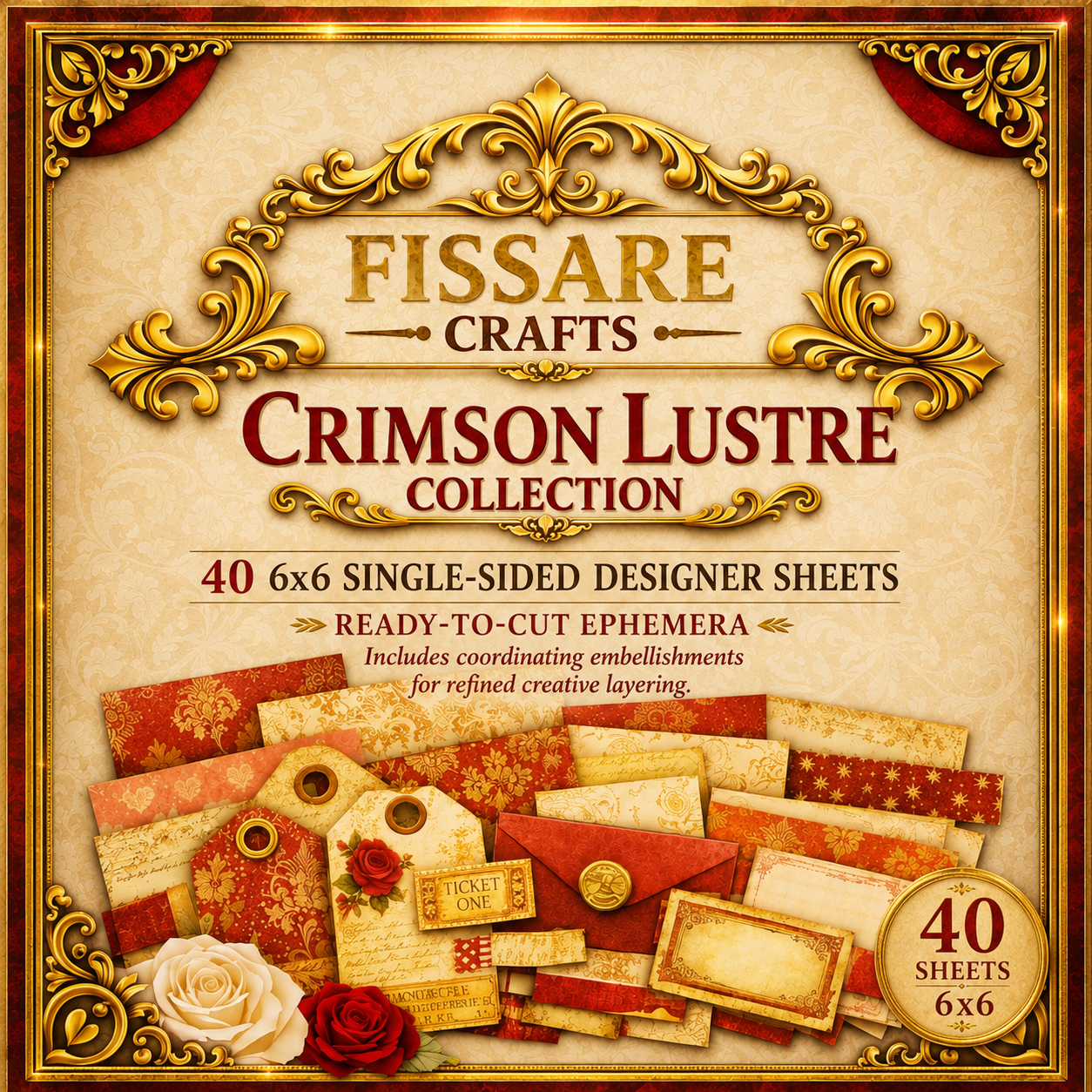 Crimson Lustre 6×6 Scrapbook Paper Set – 40 Single-Sided Red & Gold Designer Sheets with Ephemera