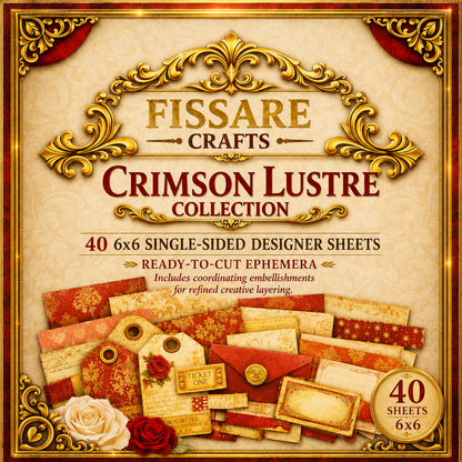 Crimson Lustre 6×6 Scrapbook Paper Set – 40 Single-Sided Red & Gold Designer Sheets with Ephemera