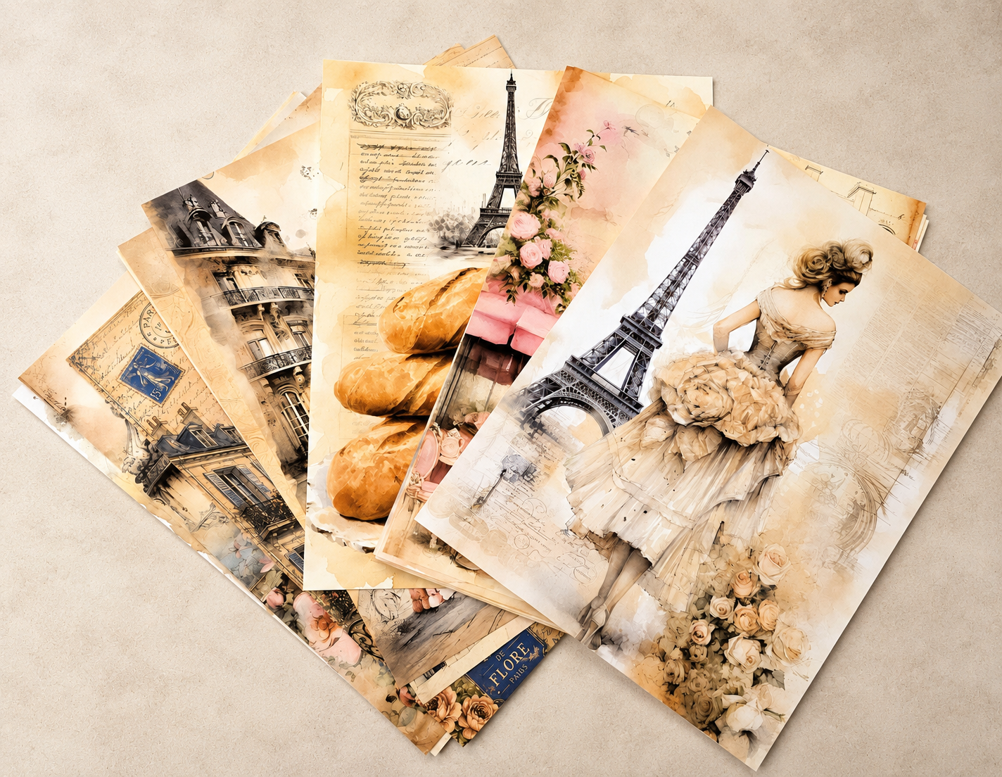 Vintage Paris Collection – 20 8.5x11 Romantic Scrapbook Pages + Coordinating Ephemera (Physical Pack)