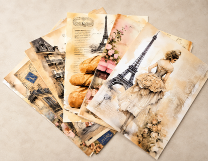 Vintage Paris Collection – 20 8.5x11 Romantic Scrapbook Pages + Coordinating Ephemera (Physical Pack)