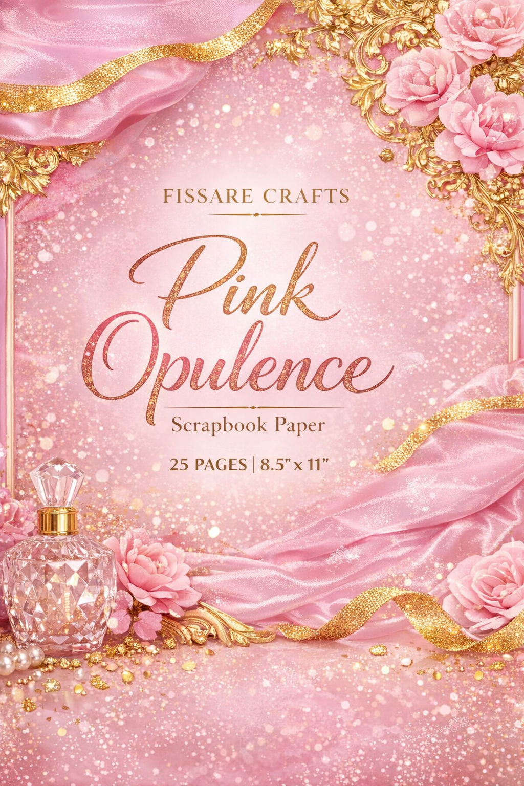 Scrapbook paper packaging with pink and gold design, featuring flowers and a perfume bottle.