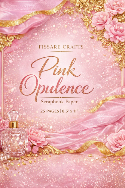 Scrapbook paper packaging with pink and gold design, featuring flowers and a perfume bottle.