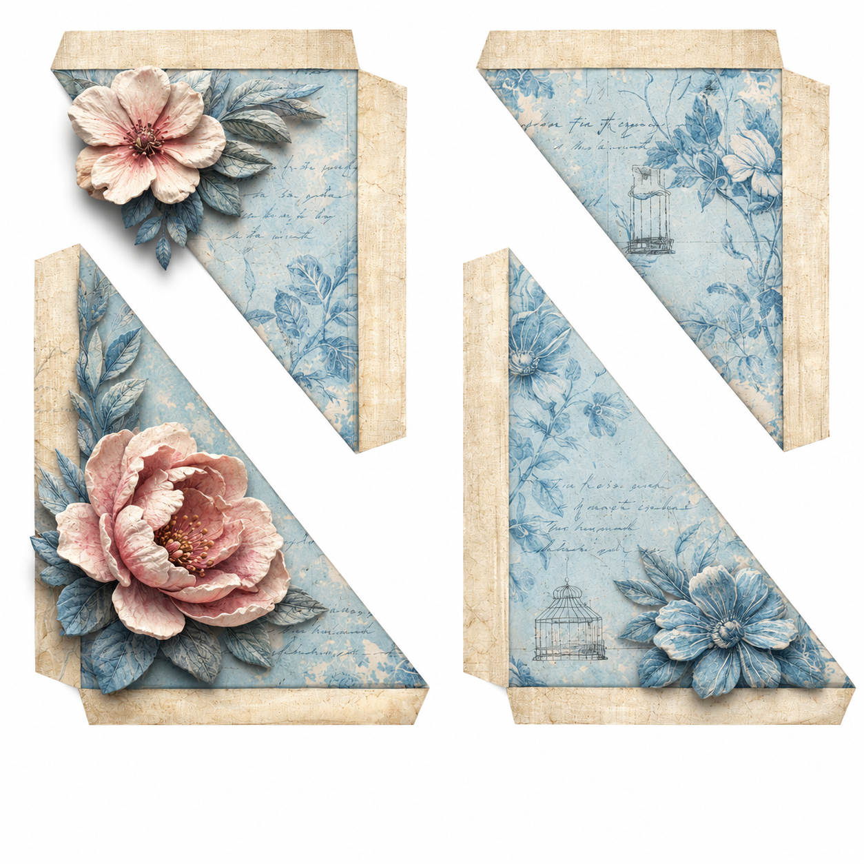 Decorative paper triangles with floral designs on a white background