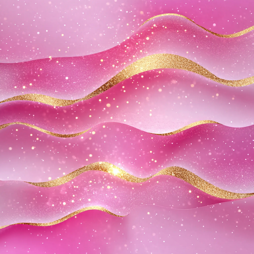 Pink and gold wavy pattern with glitter on a pink background