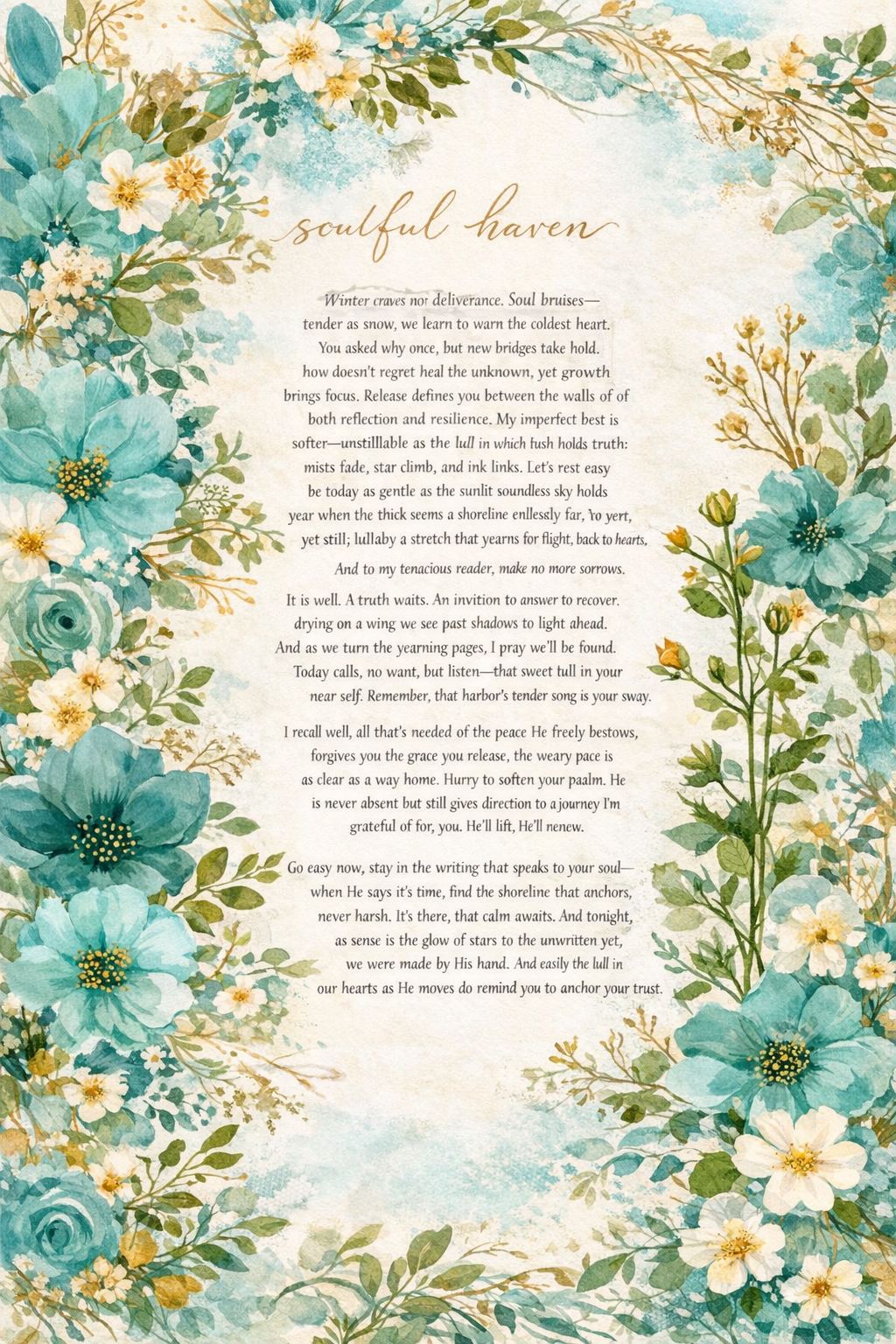 Floral design with text in the center on a light blue background