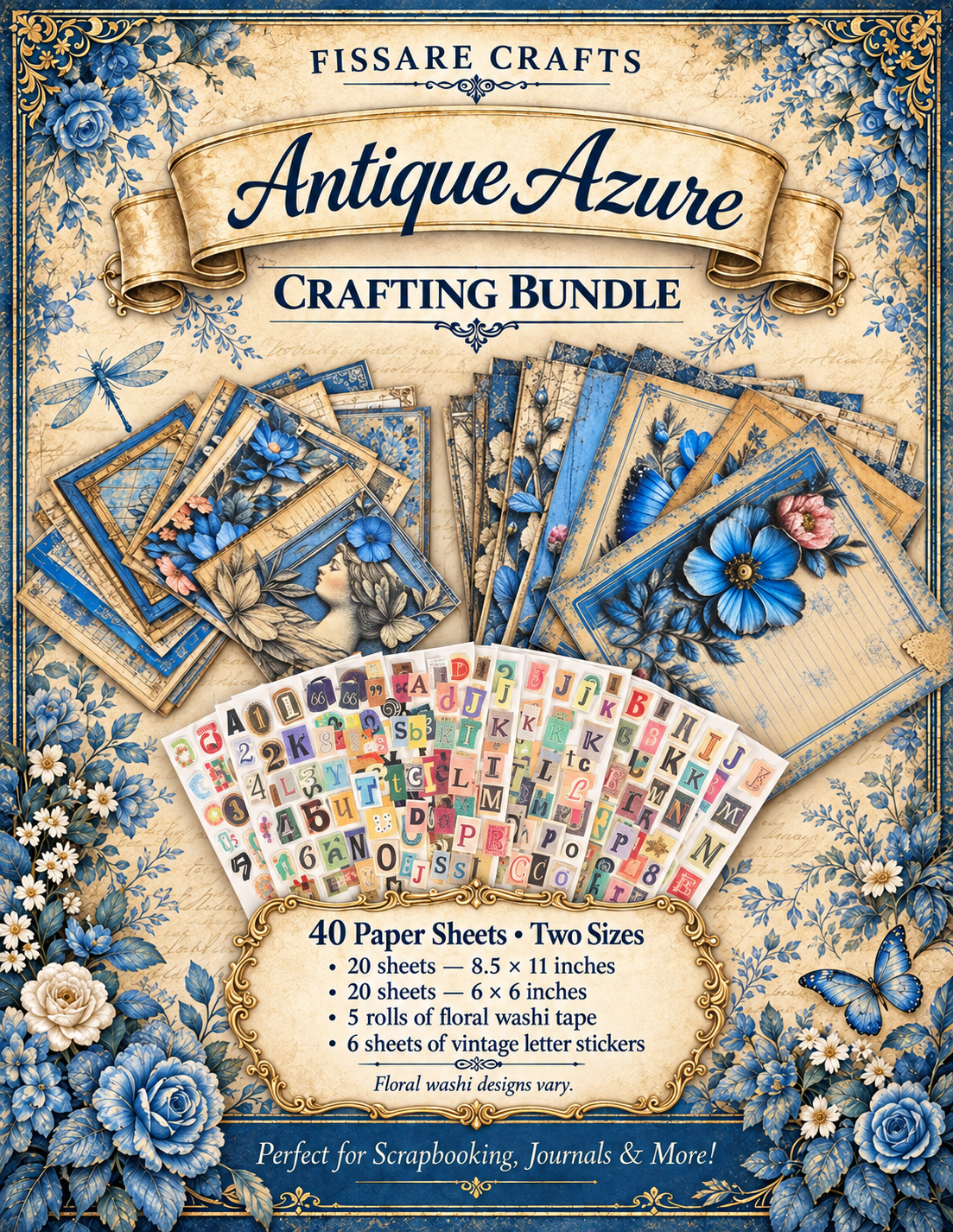 Antique Azure Vintage  Botanical Scrapbooking Bundle | 6x6 & 8.5x11 Papers, Washi Tape & Stickers