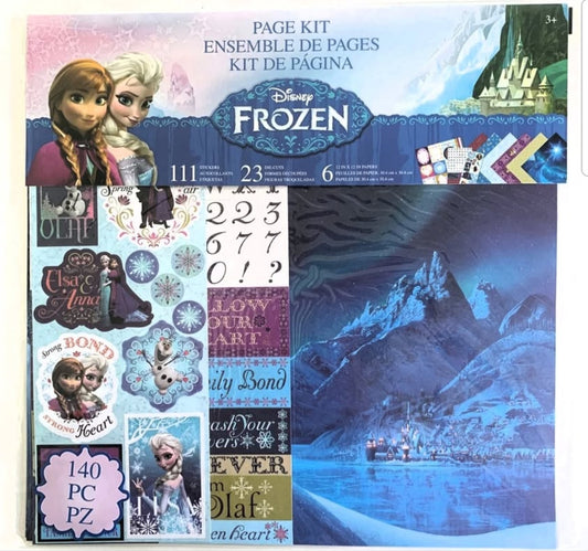 Frozen-themed page kit with characters and graphics on a blue and white background
