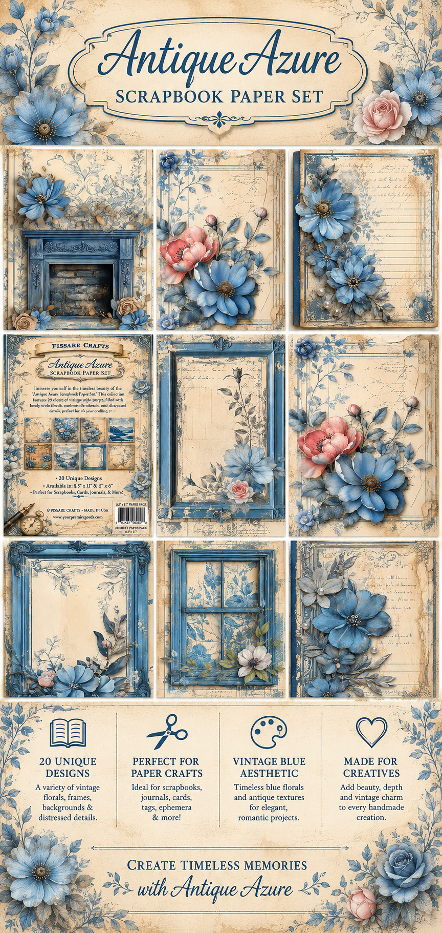 Antique Azure scrapbook paper set with floral and decorative elements.